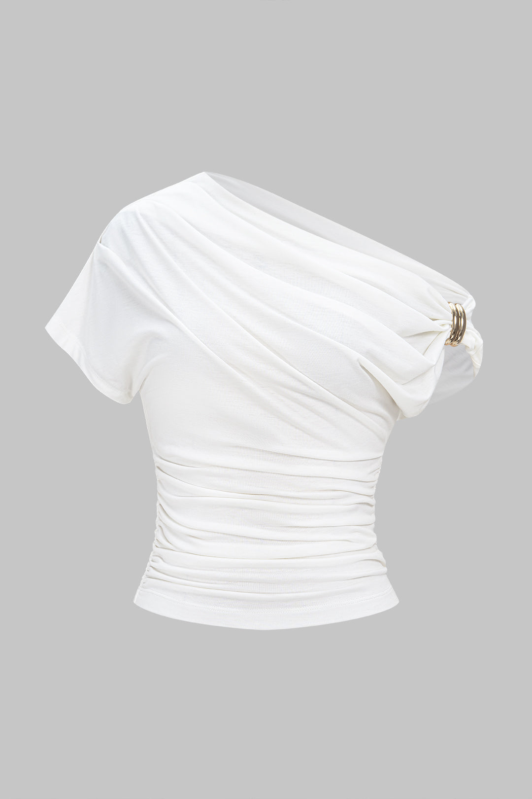 Metallic T-shirt met één schouder, ruches en korte mouwen
