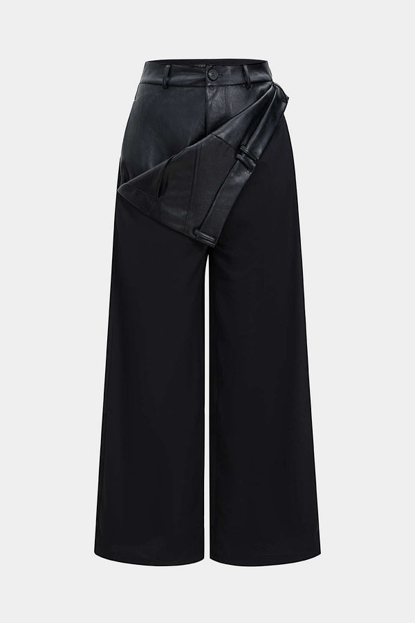 Leren-look patchwork pantalon met wijde pijpen