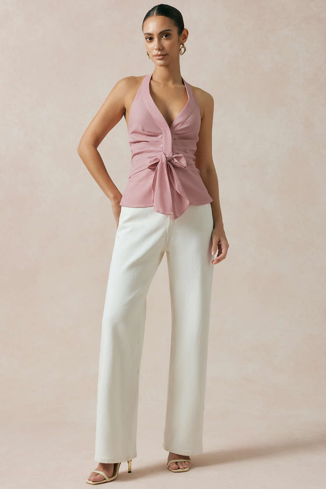 Linnen tanktop met halternek, strik en open rug