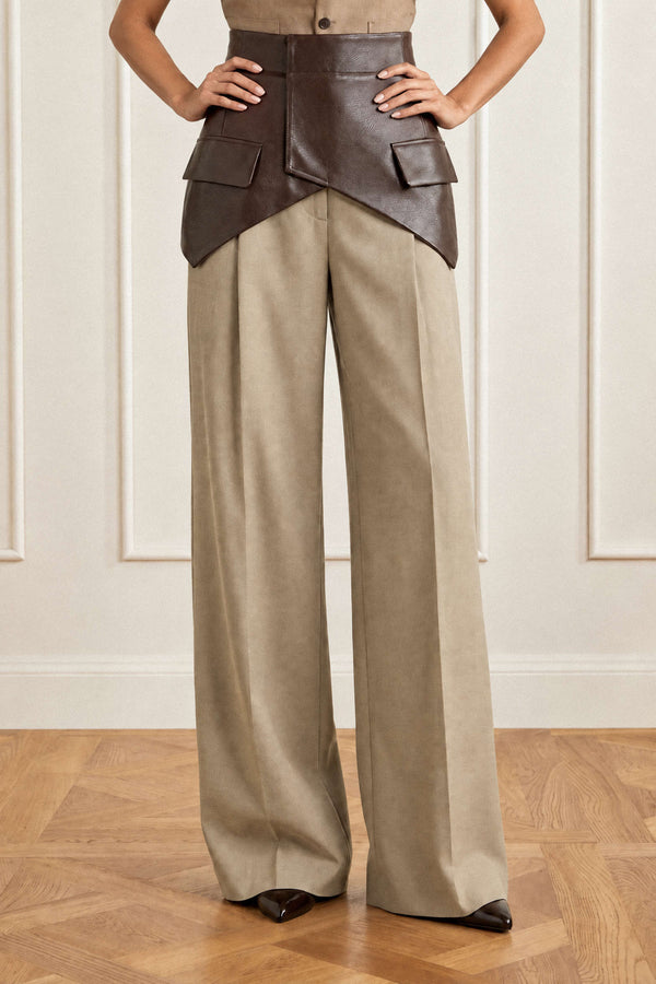 Leren-look patchwork broek met hoge taille en wijde pijpen