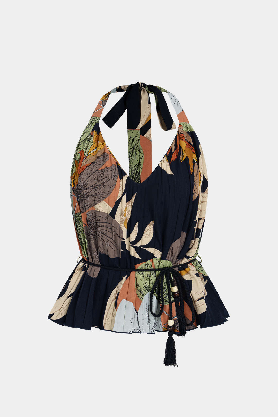 Bloemenprint geplooide top met halternek, V-hals en strik