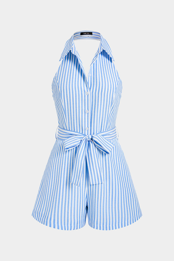 Gestreepte mouwloze playsuit met revers, strik en open rug