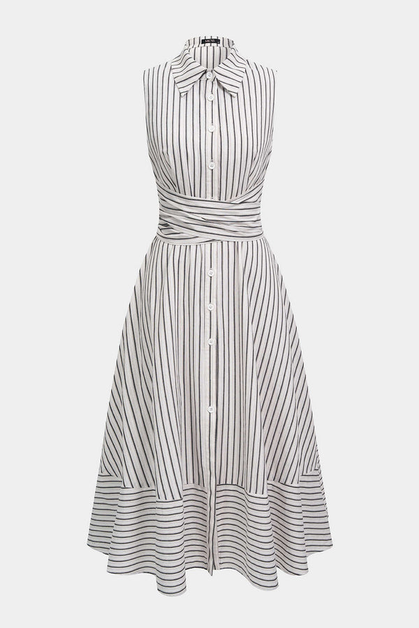 Gestreepte mouwloze midijurk met revers, ruches en knoopjes