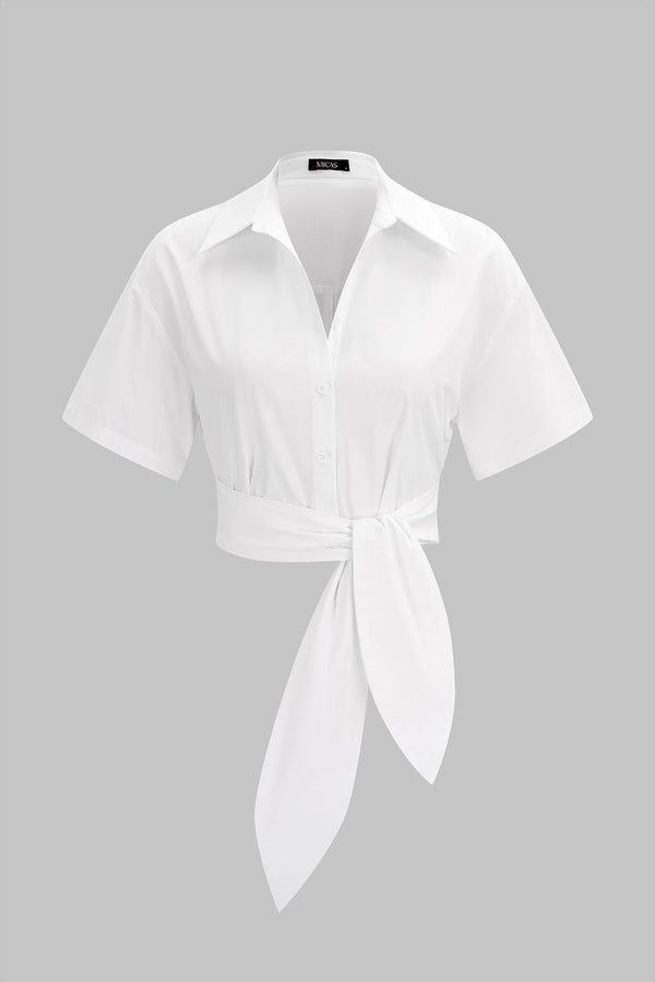 Effen blouse met strik en korte mouwen