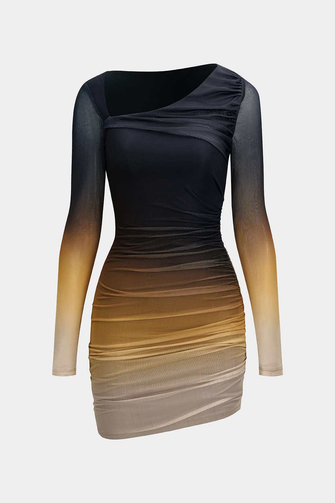 Mesh colorblock minijurk met ruches en lange mouwen