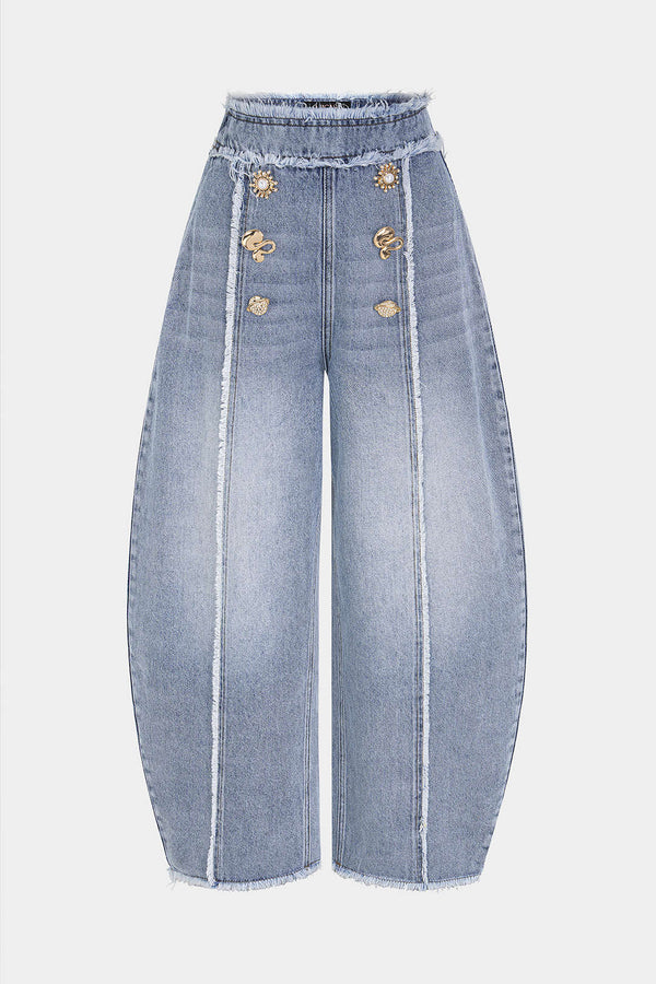 Metallic jeans met rafelrand, hoge taille en wijde pijpen