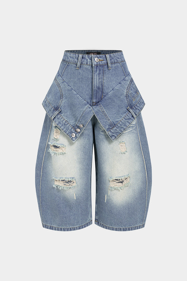 Denim short met hoge taille en rafelrand