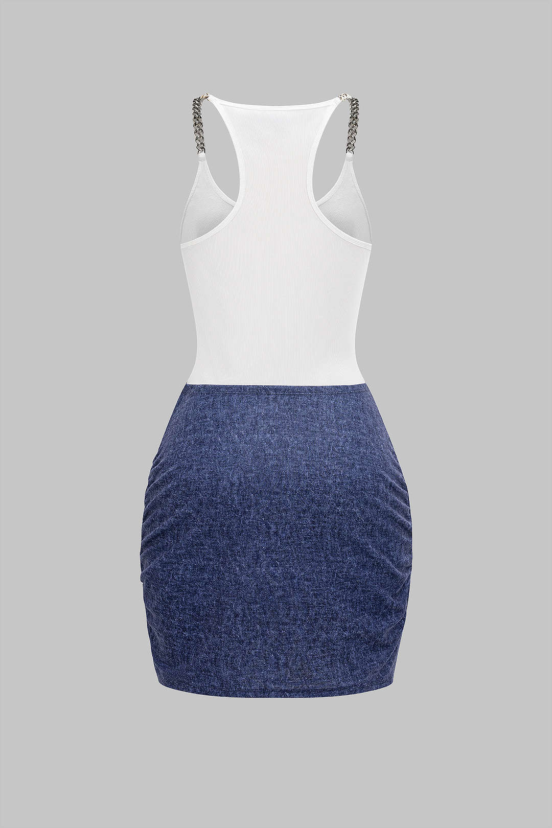 Metallic patchwork minijurk met ruches en kettingdetail