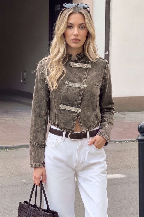 Denim asymmetrisch jasje met dubbele knopenrij