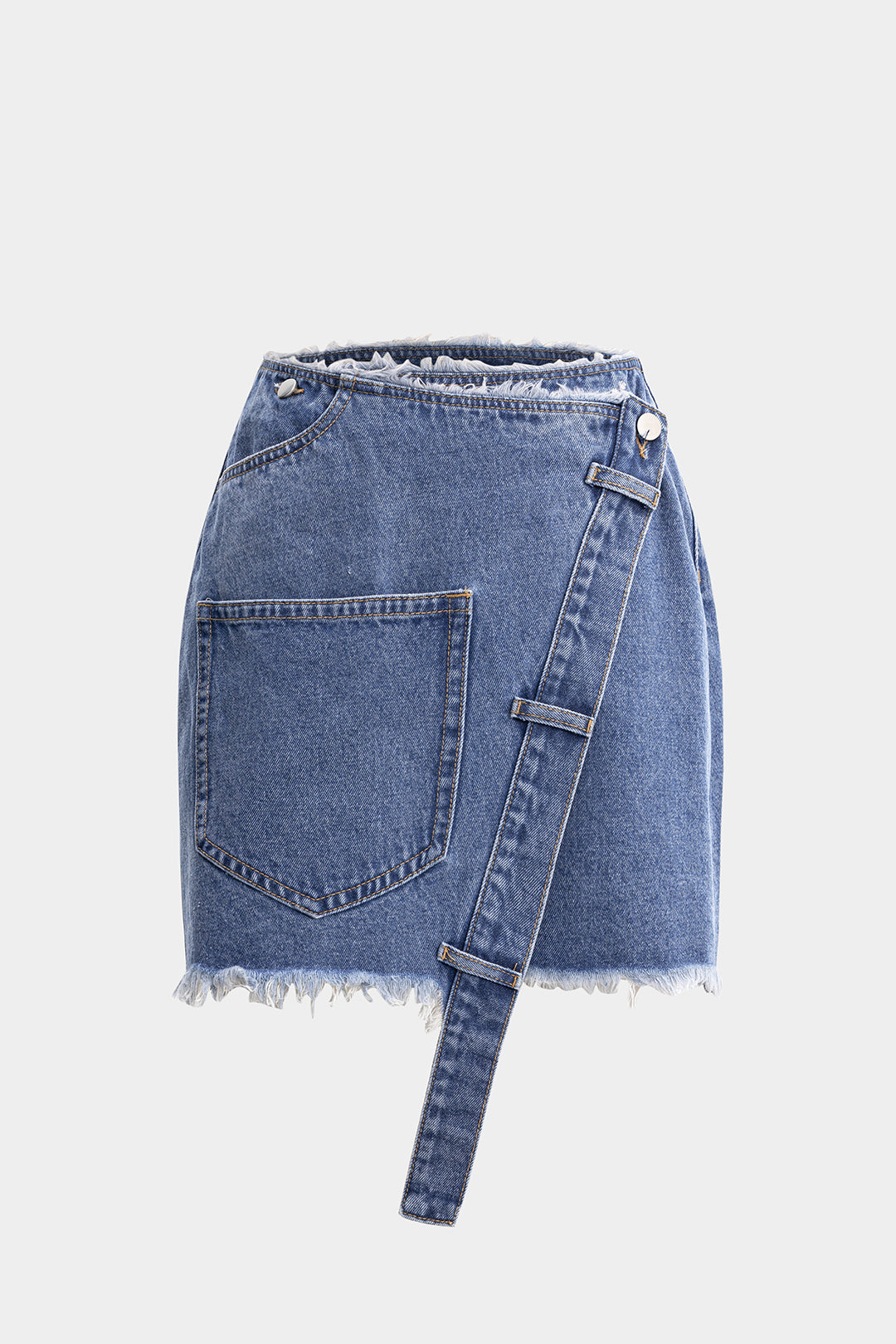 Denim asymmetrische rok met zakken en rafelrand