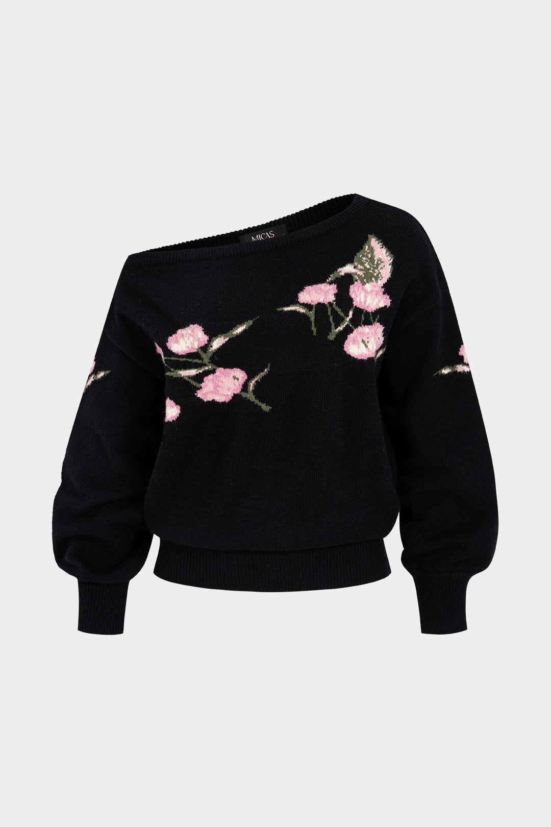 Gebreide bloemenprint top met één schouder en lange mouwen
