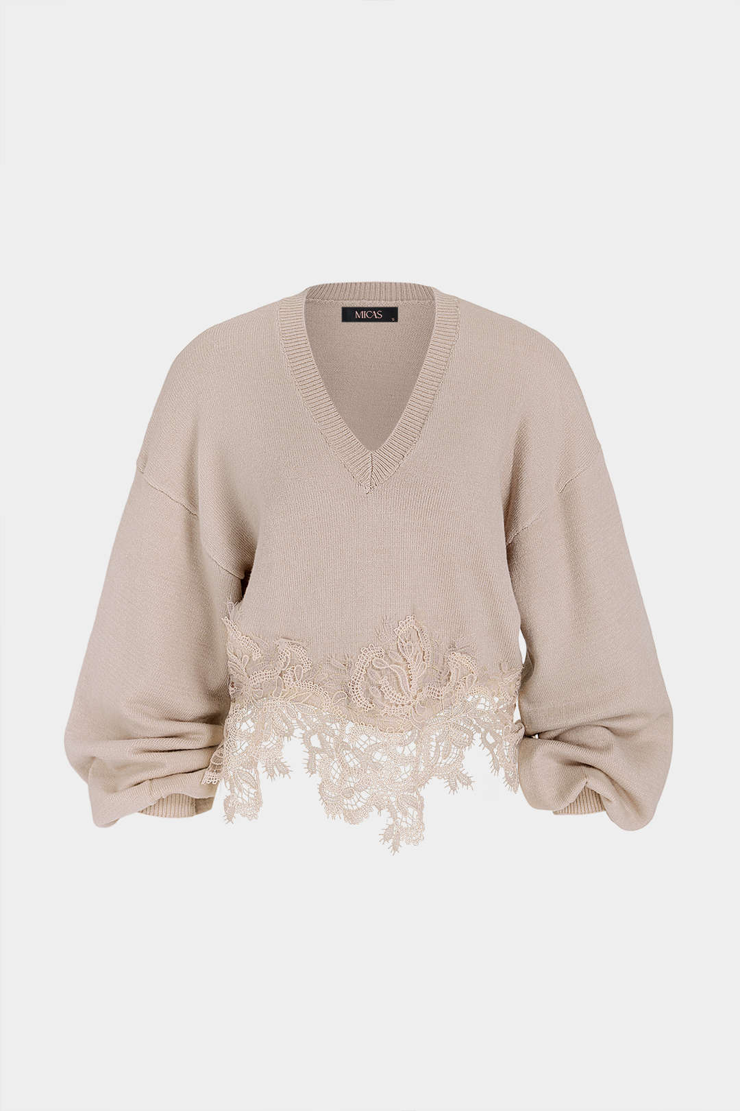 Lara - Gebreide patchwork top met kant, V-hals en lange mouwen
