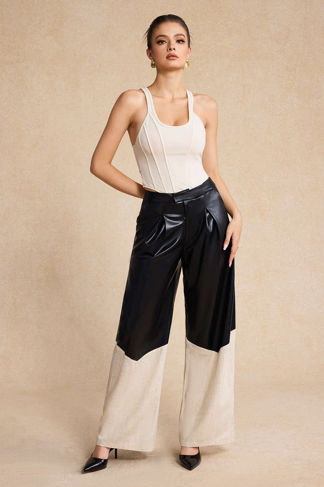 Leren-look linnen pantalon met hoge taille