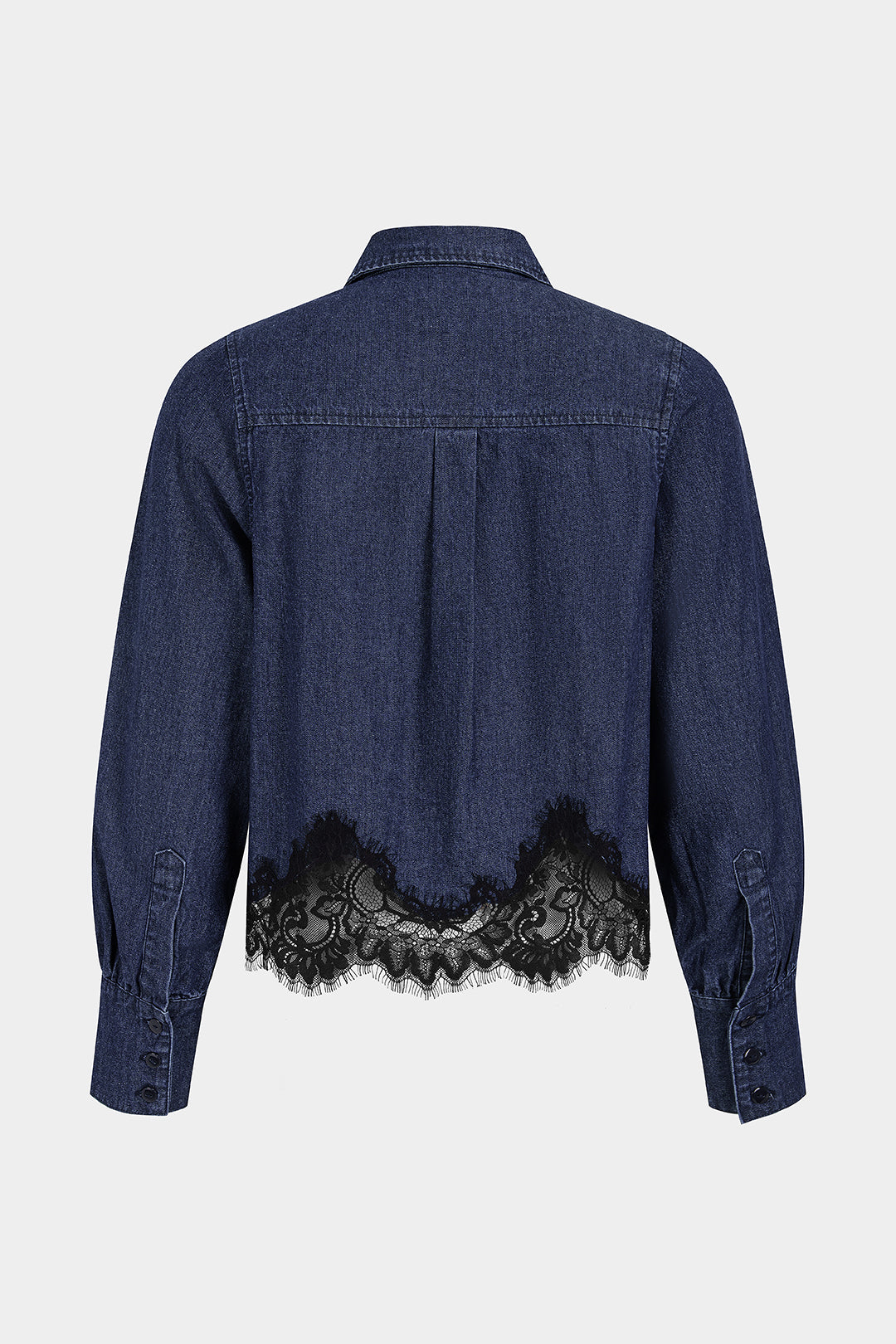 Denim patchwork blouse met kanten rand en knoopjes
