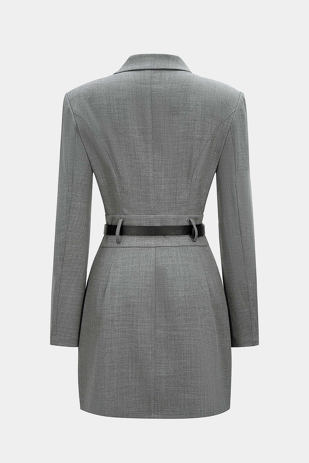 Asymmetrische minijurk met reverskraag, riem en lange mouwen
