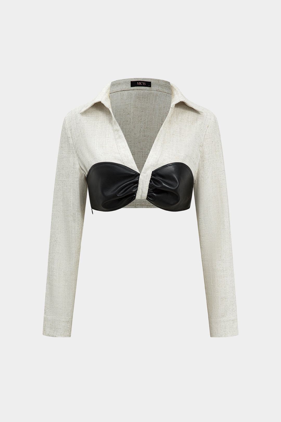 Colorblock leren-look blouse met ruches en lange mouwen