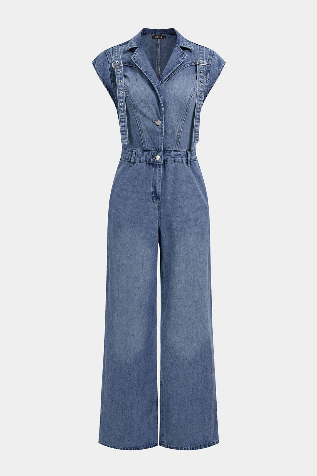 Denim mouwloze jumpsuit met V-hals en wijde pijpen