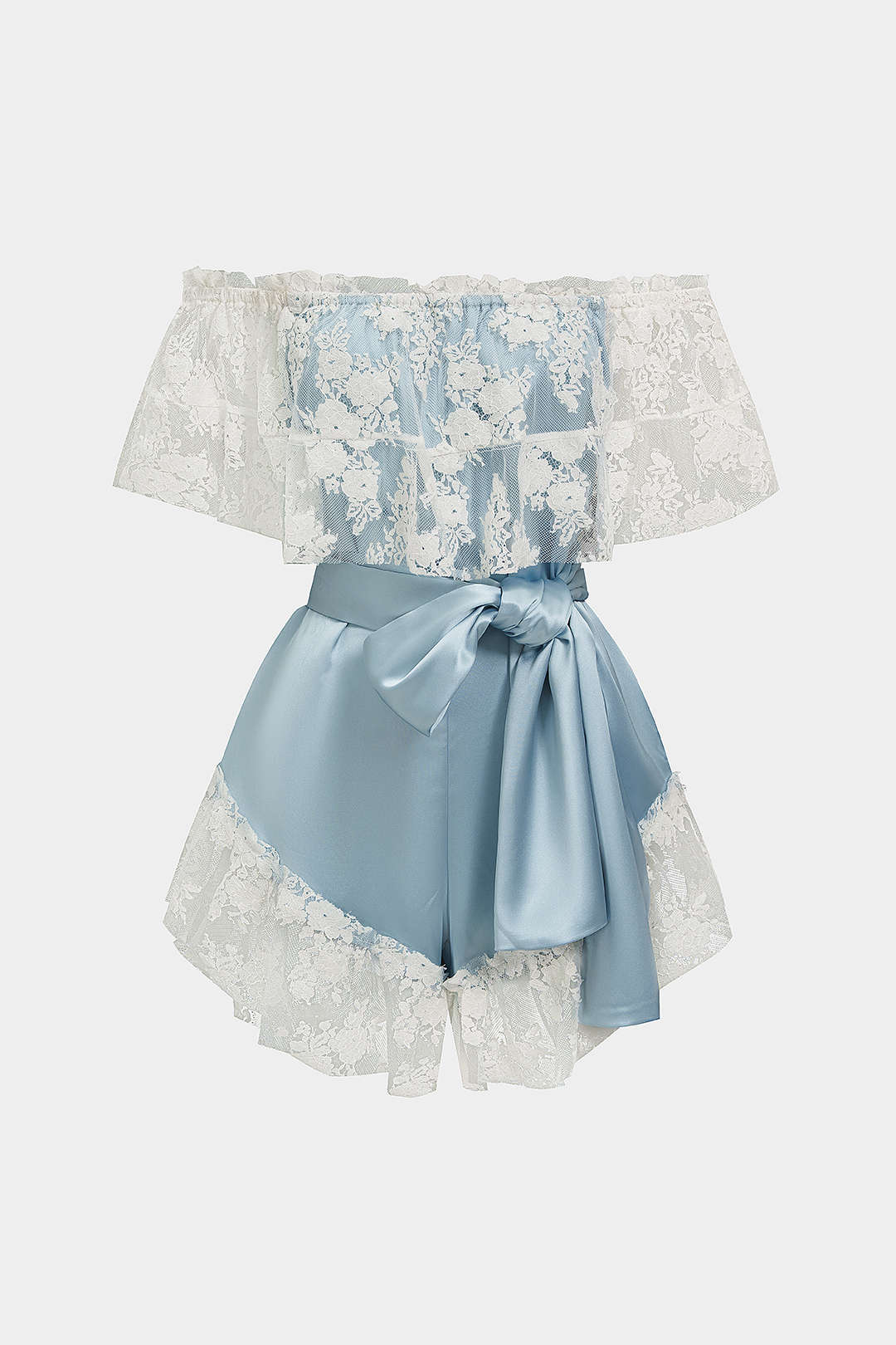 Satijnen patchwork playsuit met kant, volants en strik