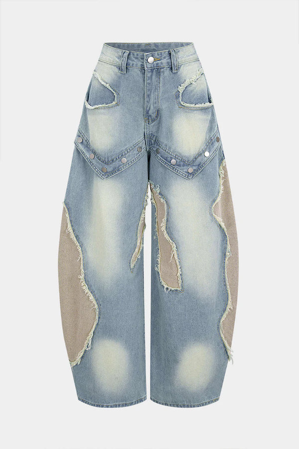 Patchwork Denim Jeans met Rafeldetails en Rechte Pijpen