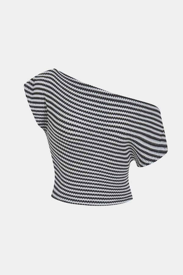 Gestreept T-shirt met één schouder en korte mouwen