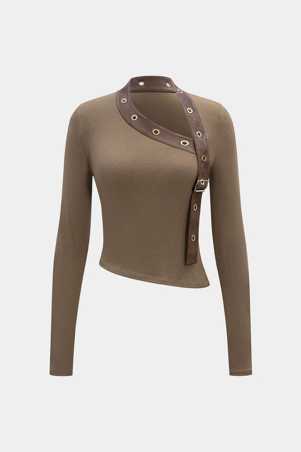 Leren-look metallic top met lange mouwen