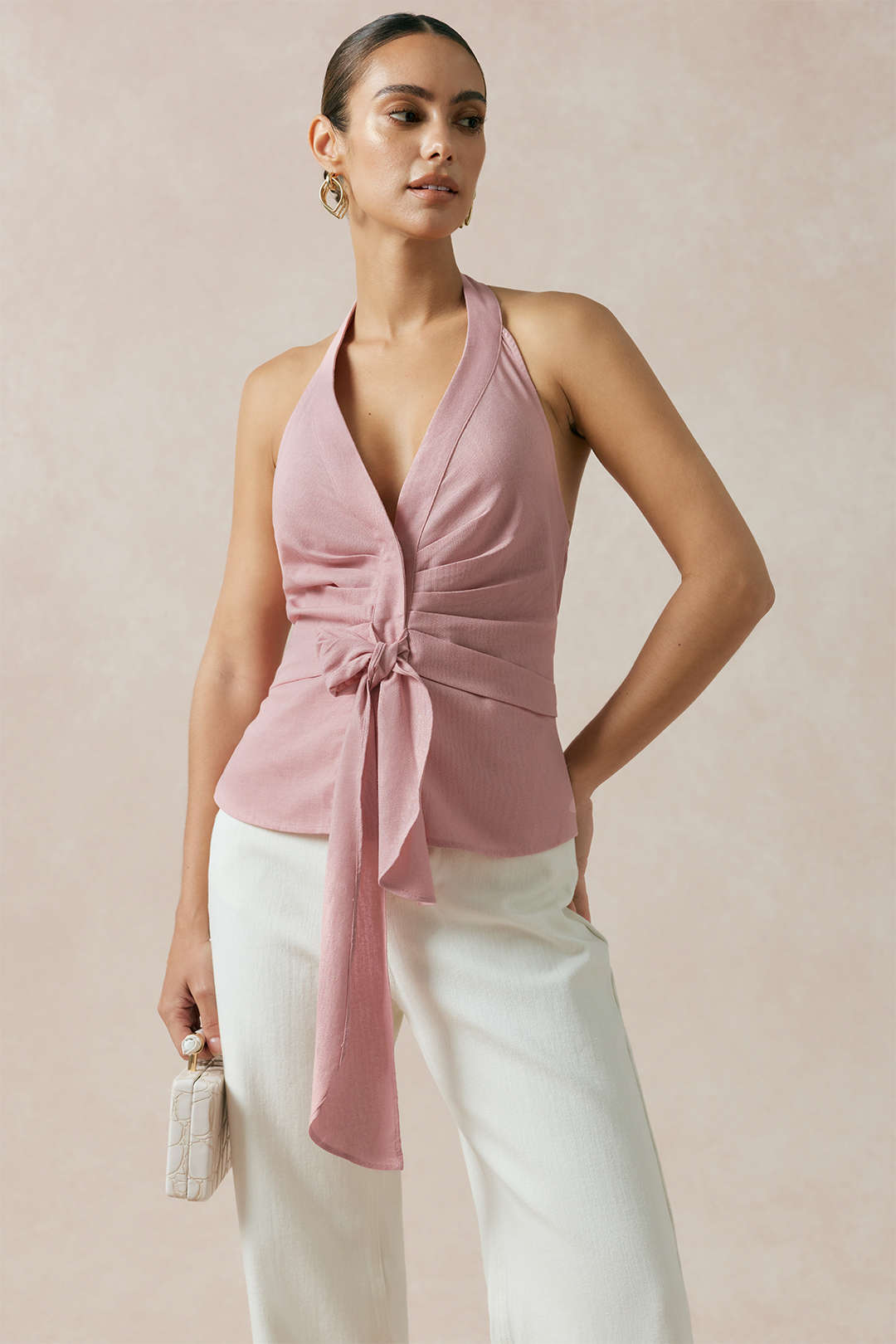Linnen tanktop met halternek, strik en open rug