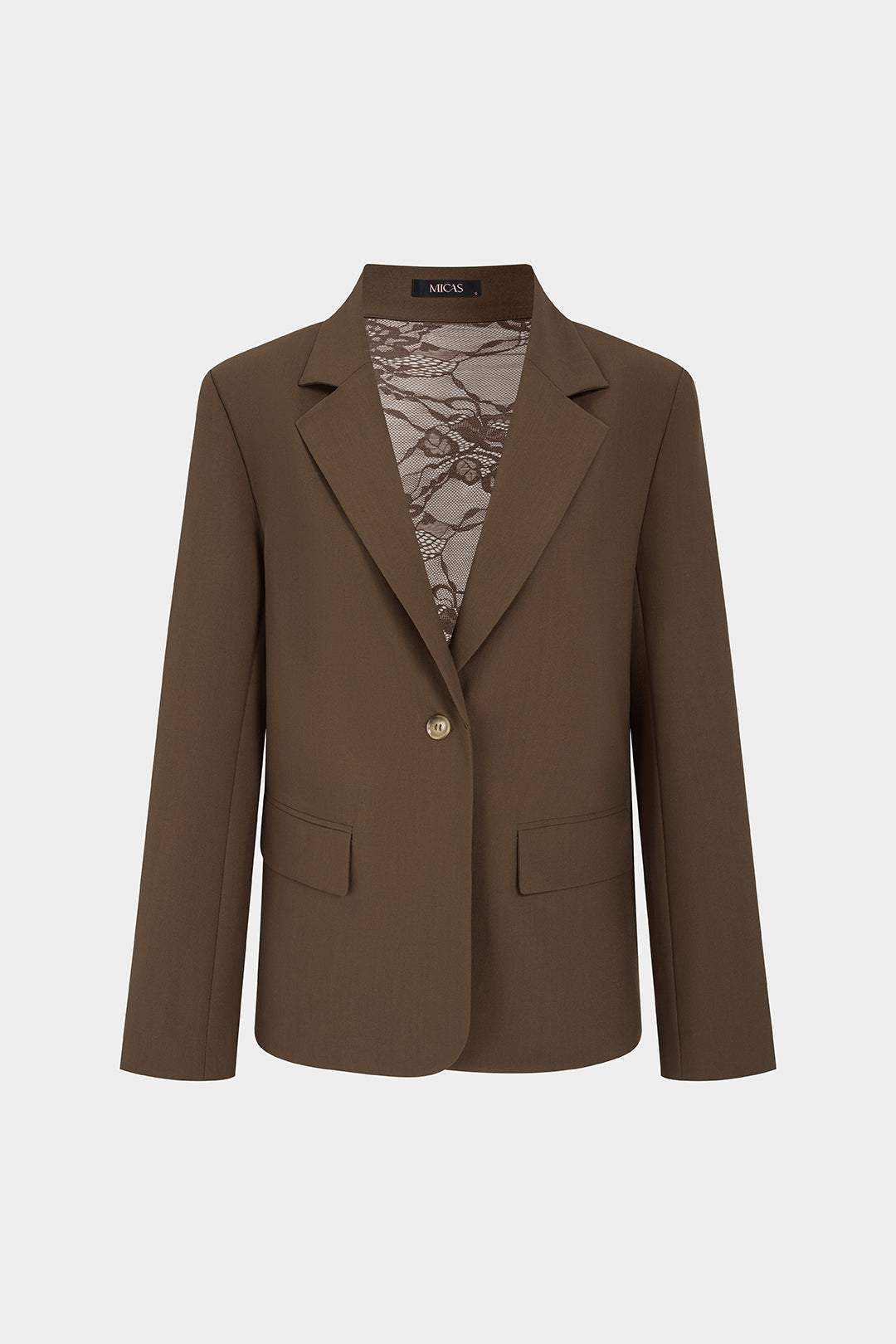 Patchwork blazer met kant, reverskraag en open rug