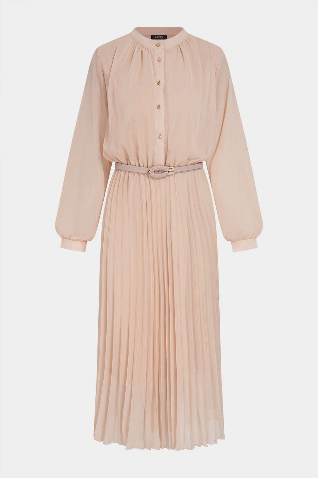 Chiffon geplooide midijurk met ronde hals en riem