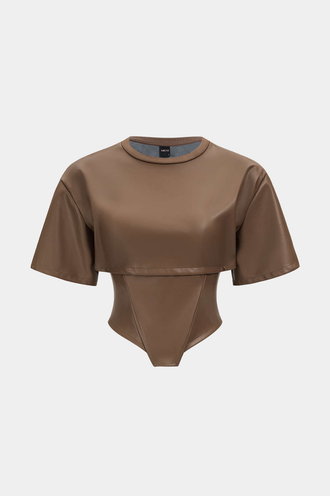 Leren-look patchwork T-shirt met ronde hals en korte mouwen