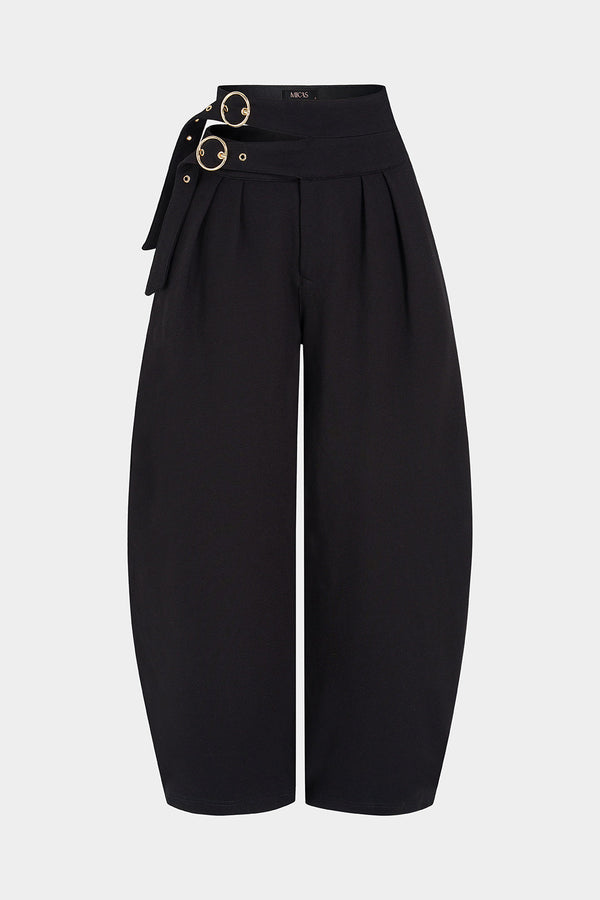 Metallic broek met riem, uitsnijding en hoge taille