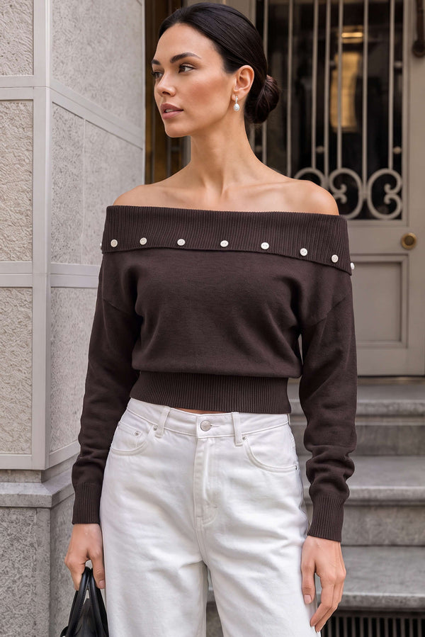 Gebreide top met blote schouders, knoopjes en lange mouwen