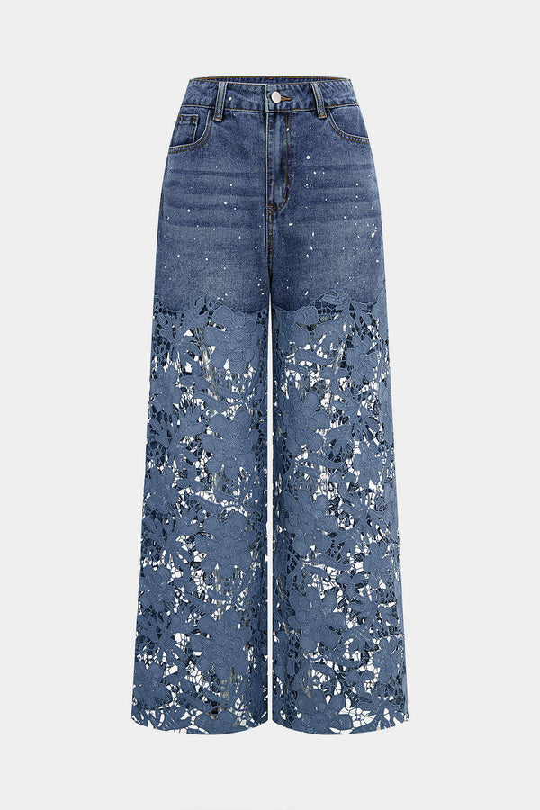 Patchwork jeans met kant, uitsnijding en wijde pijpen