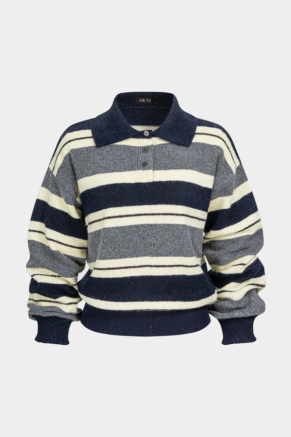 Gebreide gestreepte top met revers, knoopjes en lange mouwen