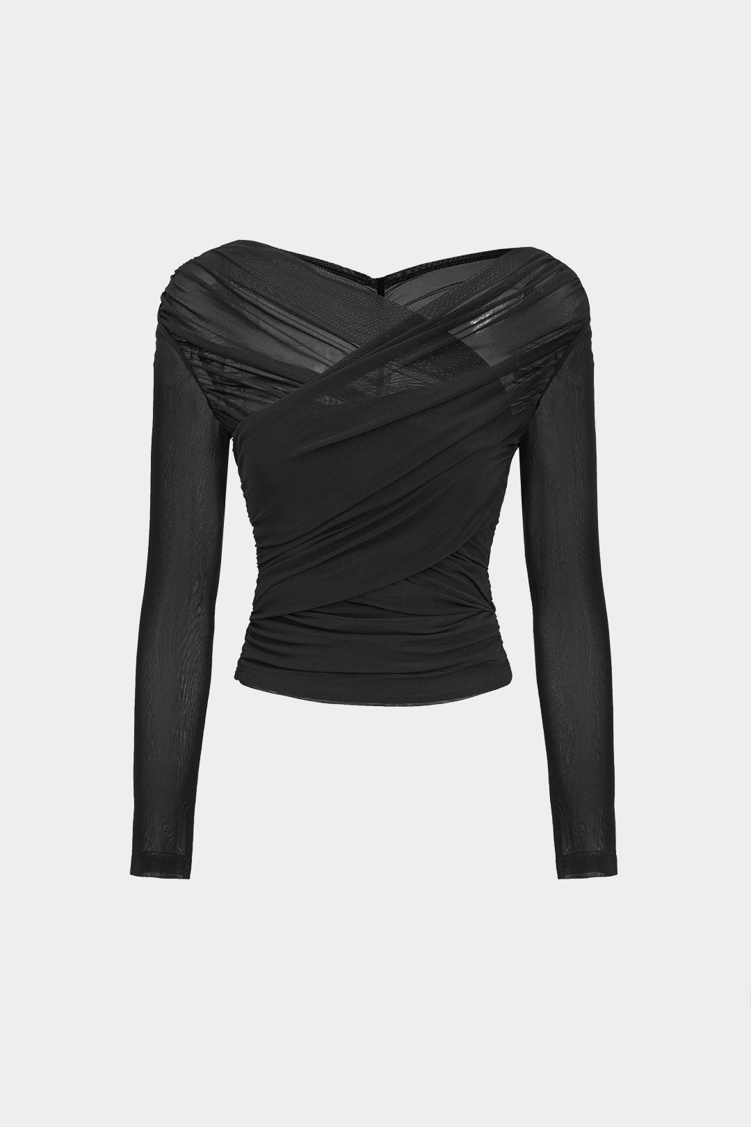 Effen transparante top met ruches en lange mouwen
