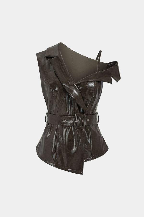 Leren-look asymmetrische tanktop met reverskraag en riem