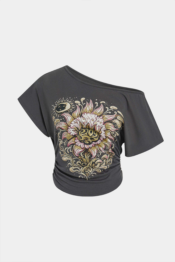 Bloemenprint T-shirt met één schouder en ruches