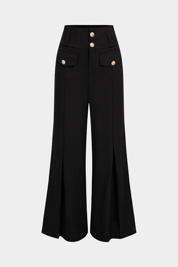 Metallic broek met knoopjes, hoge taille en wijde pijpen