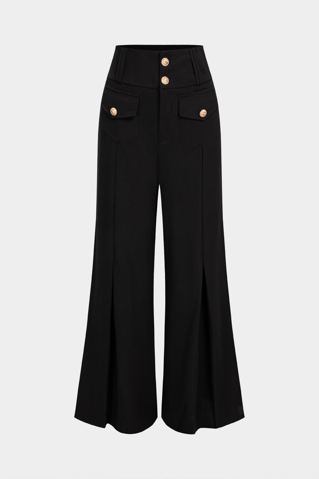 Metallic broek met knoopjes, hoge taille en wijde pijpen