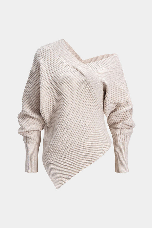 Gebreide asymmetrische top met één schouder en V-hals
