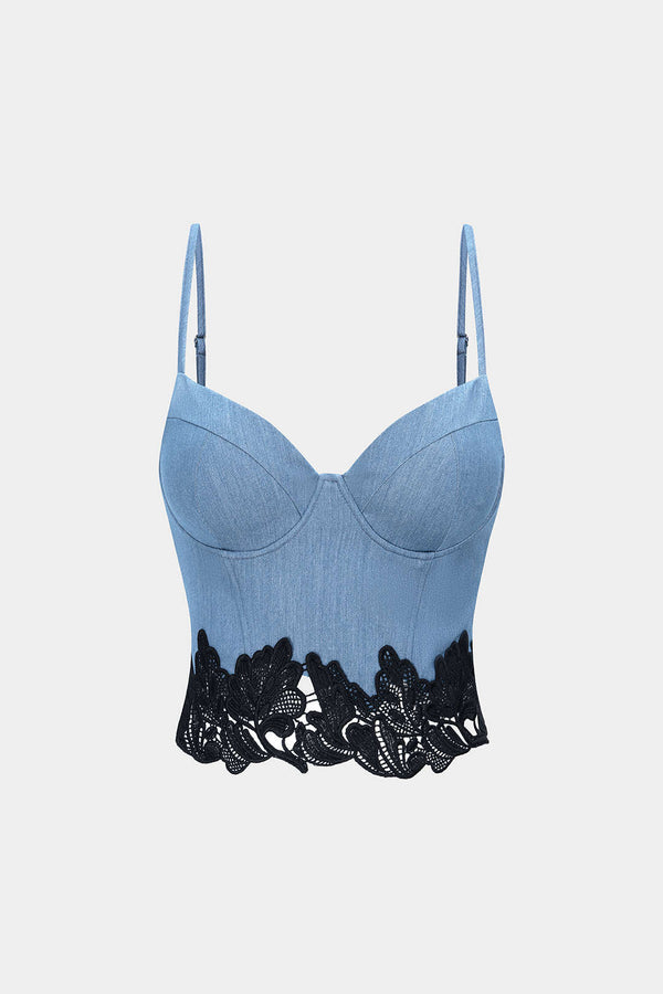 Denim top met kanten rand en rits