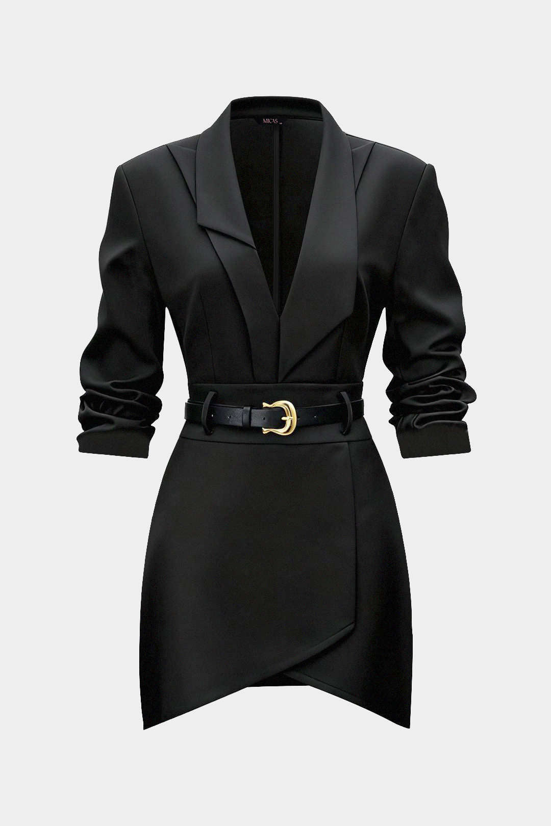Asymmetrische minijurk met reverskraag, riem en lange mouwen
