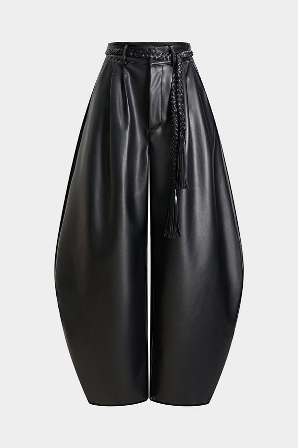 Leren-look pantalon met riem, hoge taille en ballonmodel