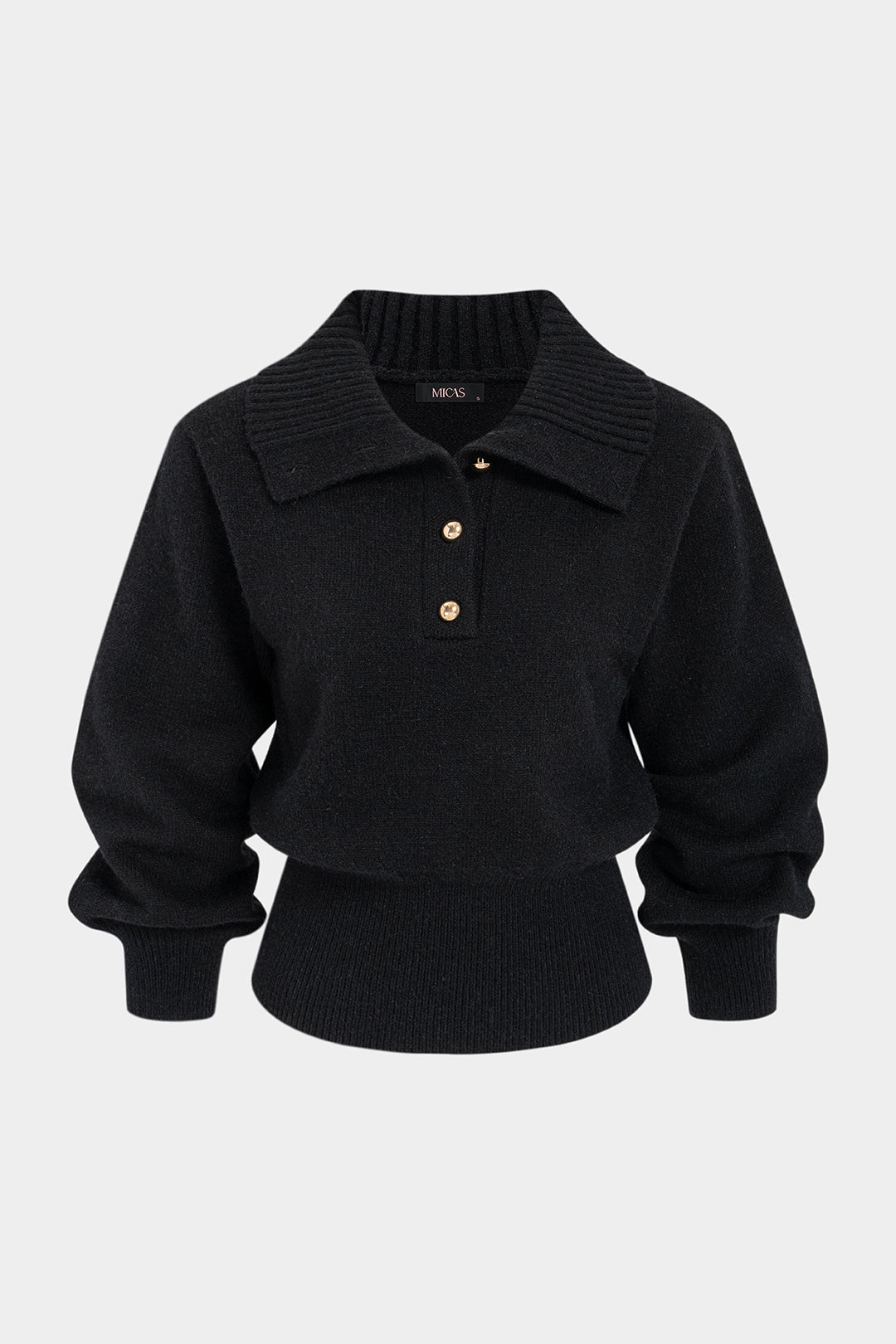 Gebreide metallic top met revers, knoopjes en lange mouwen
