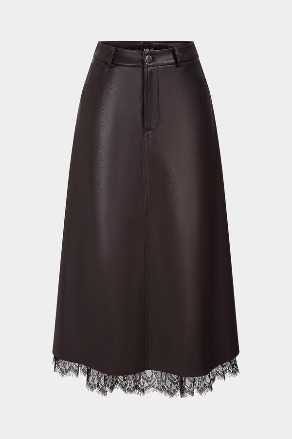 Leren-look patchwork midirok met kanten rand