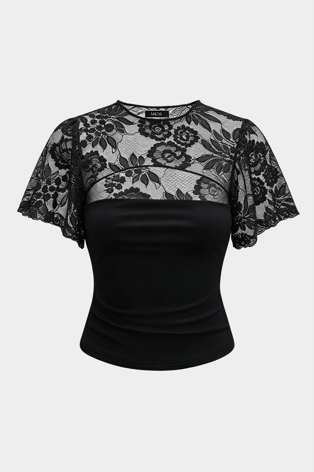 Patchwork T-shirt met kant, uitsnijding en korte mouwen