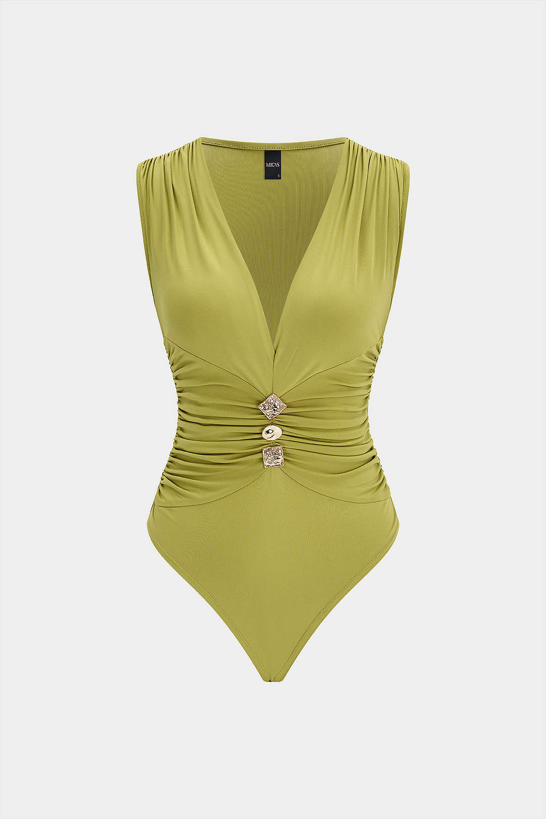 Metallic mouwloze body met V-hals, ruches en knoopjes