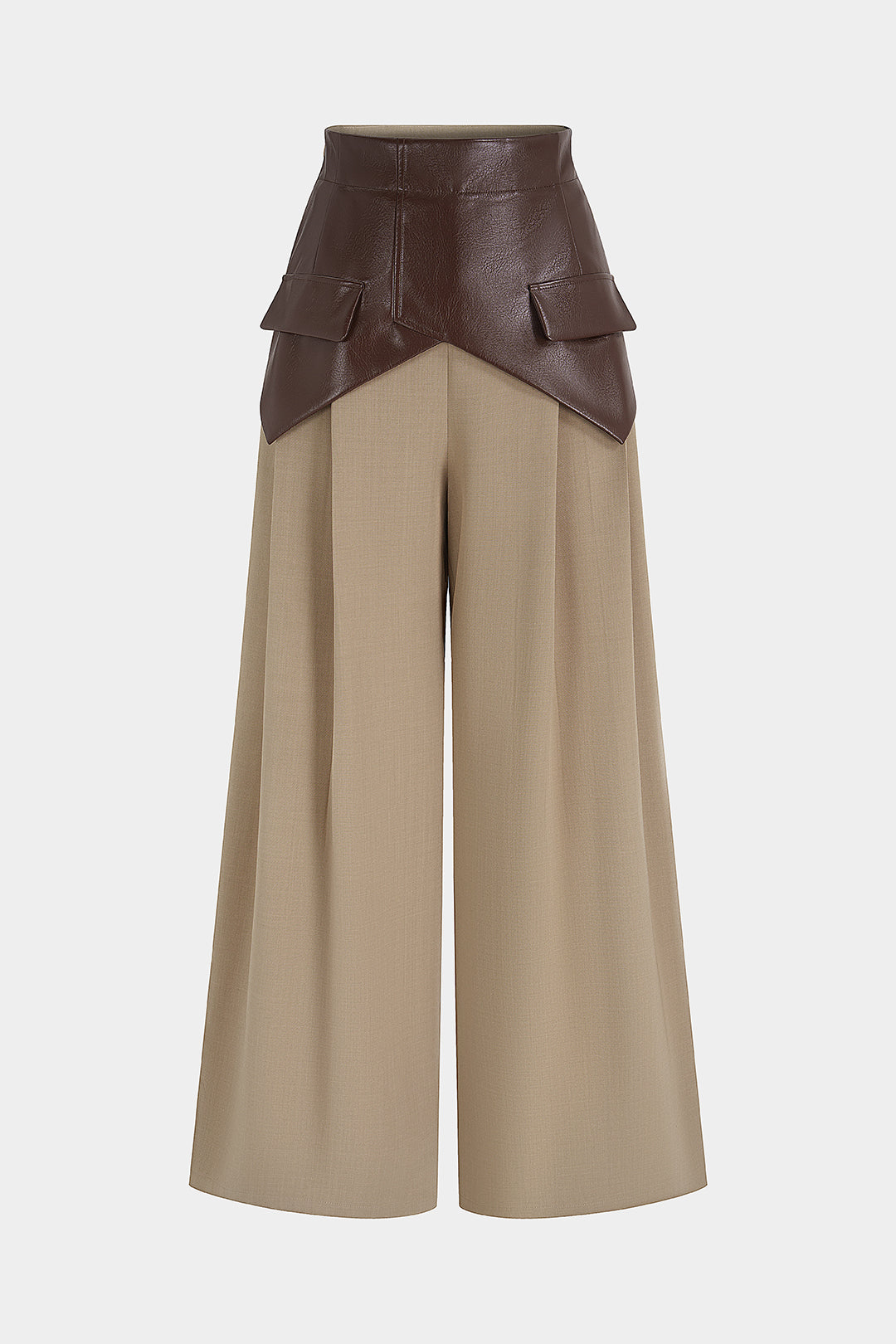 Leren-look patchwork broek met hoge taille en wijde pijpen