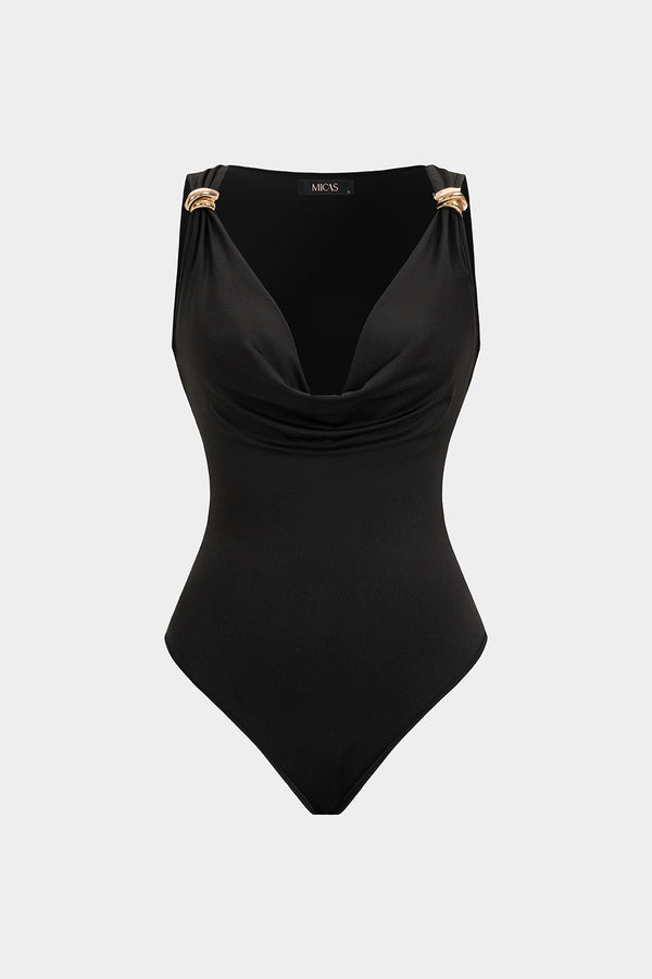 Hester - Metallic mouwloze body met drapering en watervalhals
