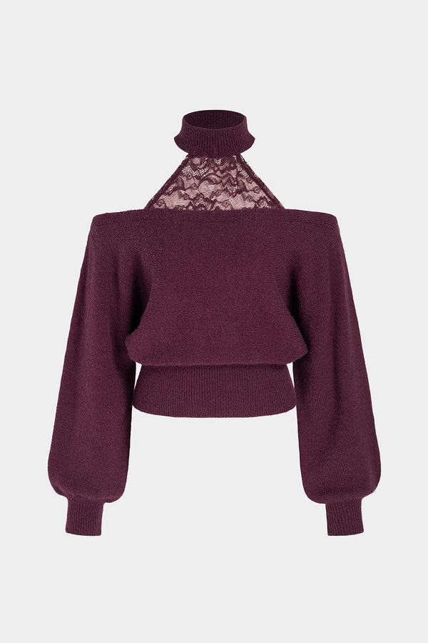 Gebreide patchwork top met kant, halternek en lange mouwen