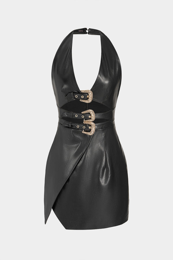 Leren-look mouwloze minijurk met halternek en V-hals